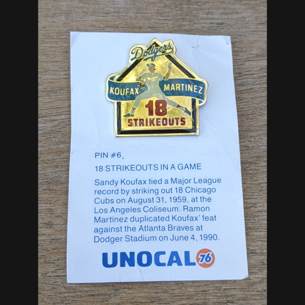 3/$25 Vintage Dodgers Baseball collectible pin Koufax Martinez strikeouts 1959